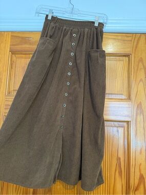 Button-Front Brown Corduroy Midi Skirt
